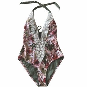 Kona Sol Multicolor Women's Crochet Necklace Medium Coverage Swimsuit One-piece